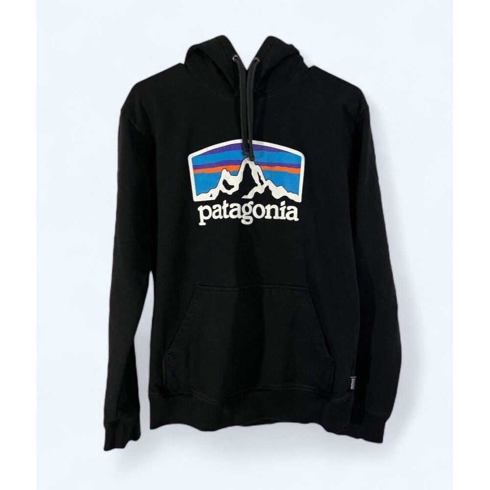 Patagonia Hoodie Pullover Mens Size Small Black Organic Cotton Logo Sweatshirt